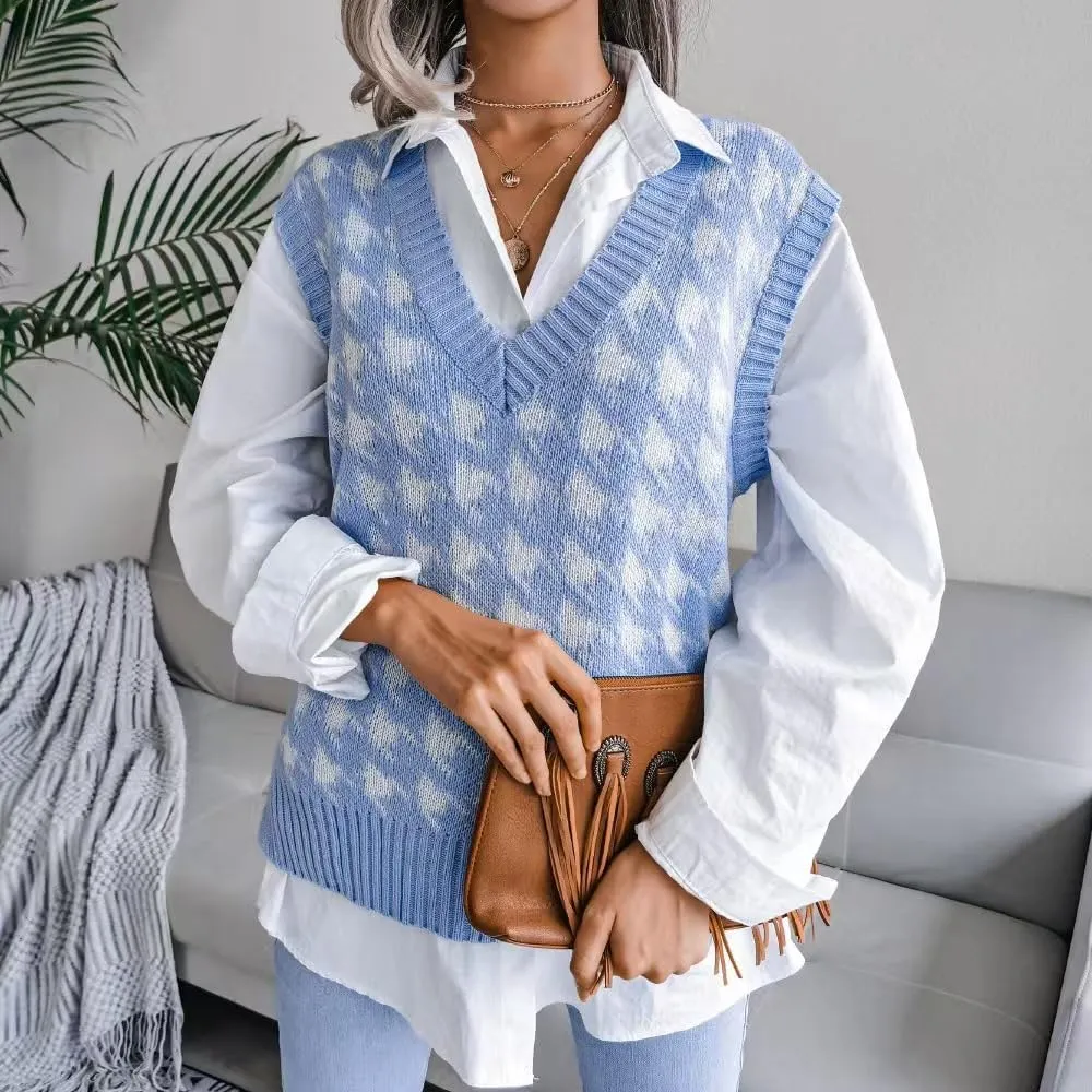 Sunfaynis Women's V Neck Houndstooth Sweater Vest Sleeveless Loose Pullover Sweater