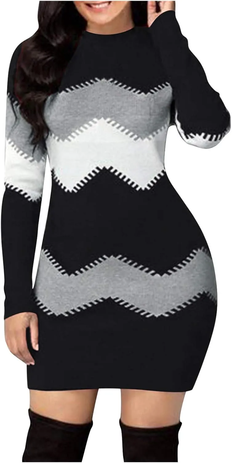 Sweater Dress for Women Plus Size Long Sleeve Crewneck Rib Knit Casual Fitted Sexy Midi Bodycon Fall Winter Dresses