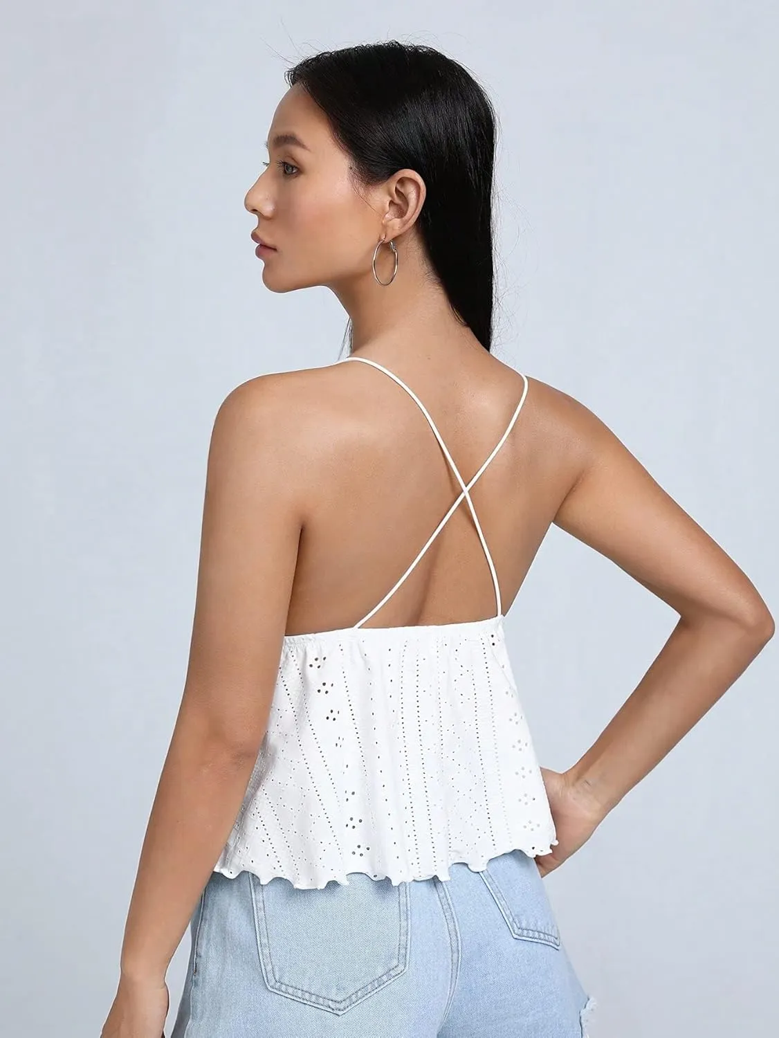 SweatyRocks Women's Eyelet Lace V Neck Knot Back Cami Tank Top Ruffle Peplum Cami Top