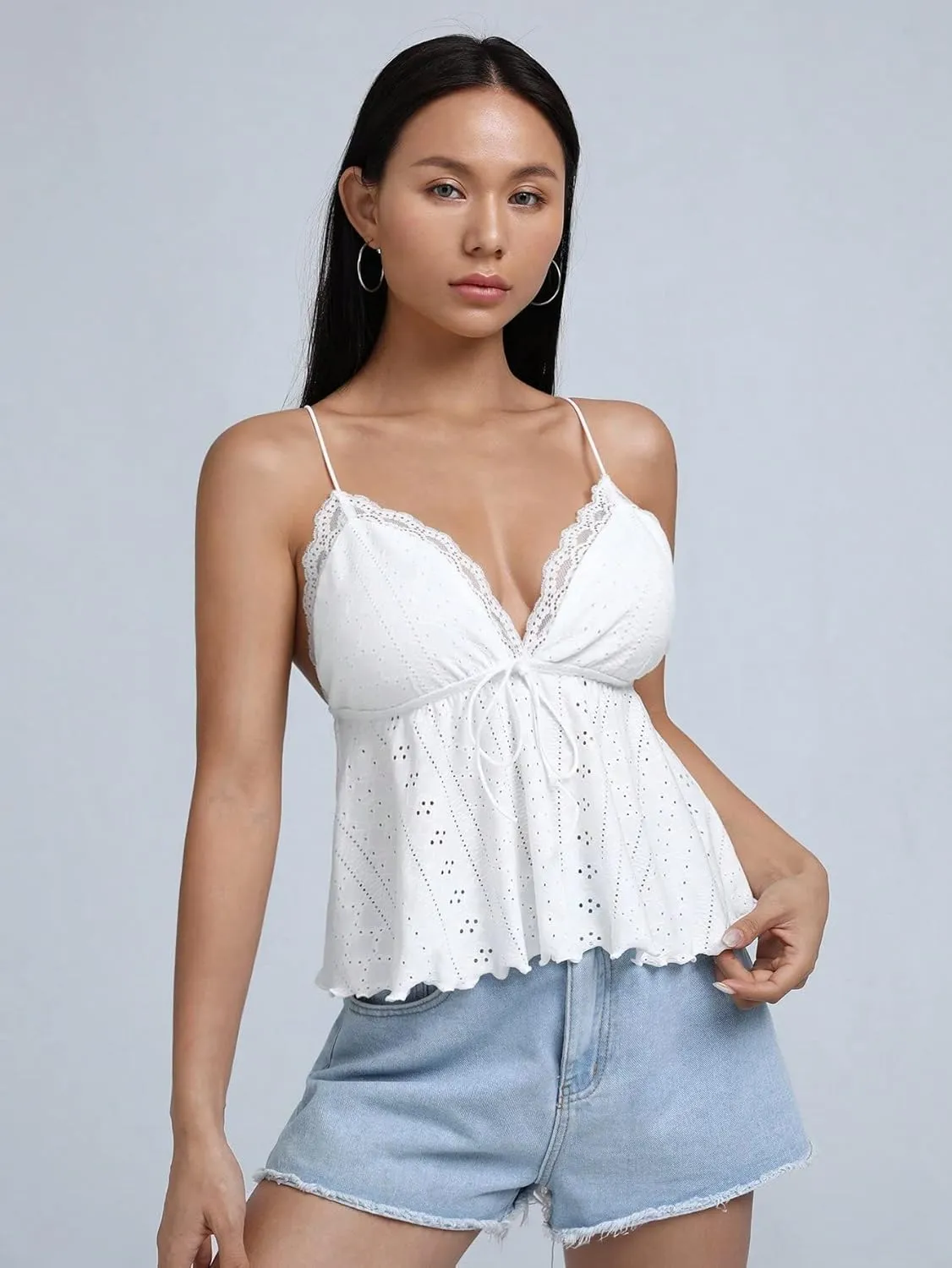 SweatyRocks Women's Eyelet Lace V Neck Knot Back Cami Tank Top Ruffle Peplum Cami Top