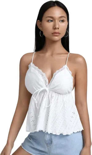 SweatyRocks Women's Eyelet Lace V Neck Knot Back Cami Tank Top Ruffle Peplum Cami Top