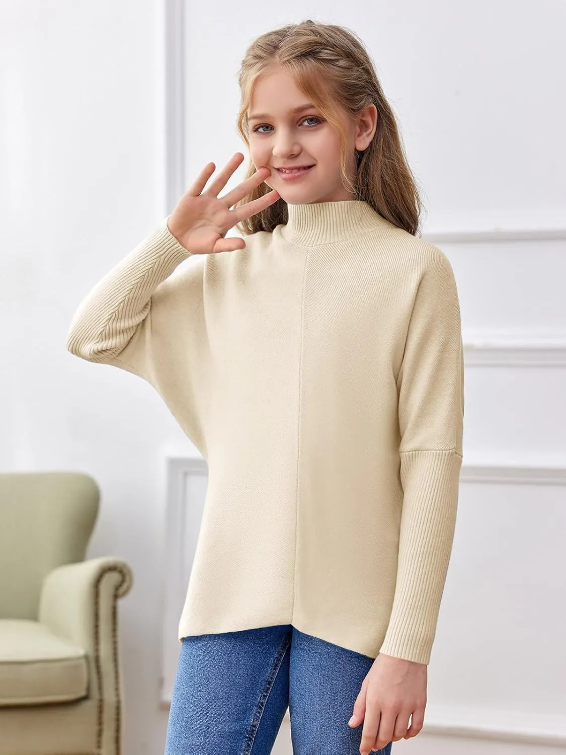 SySea Girls Pullover Sweaters Oversized Long Sleeve Turtleneck Knit Sweater Casual School Tops for 5-14 Years