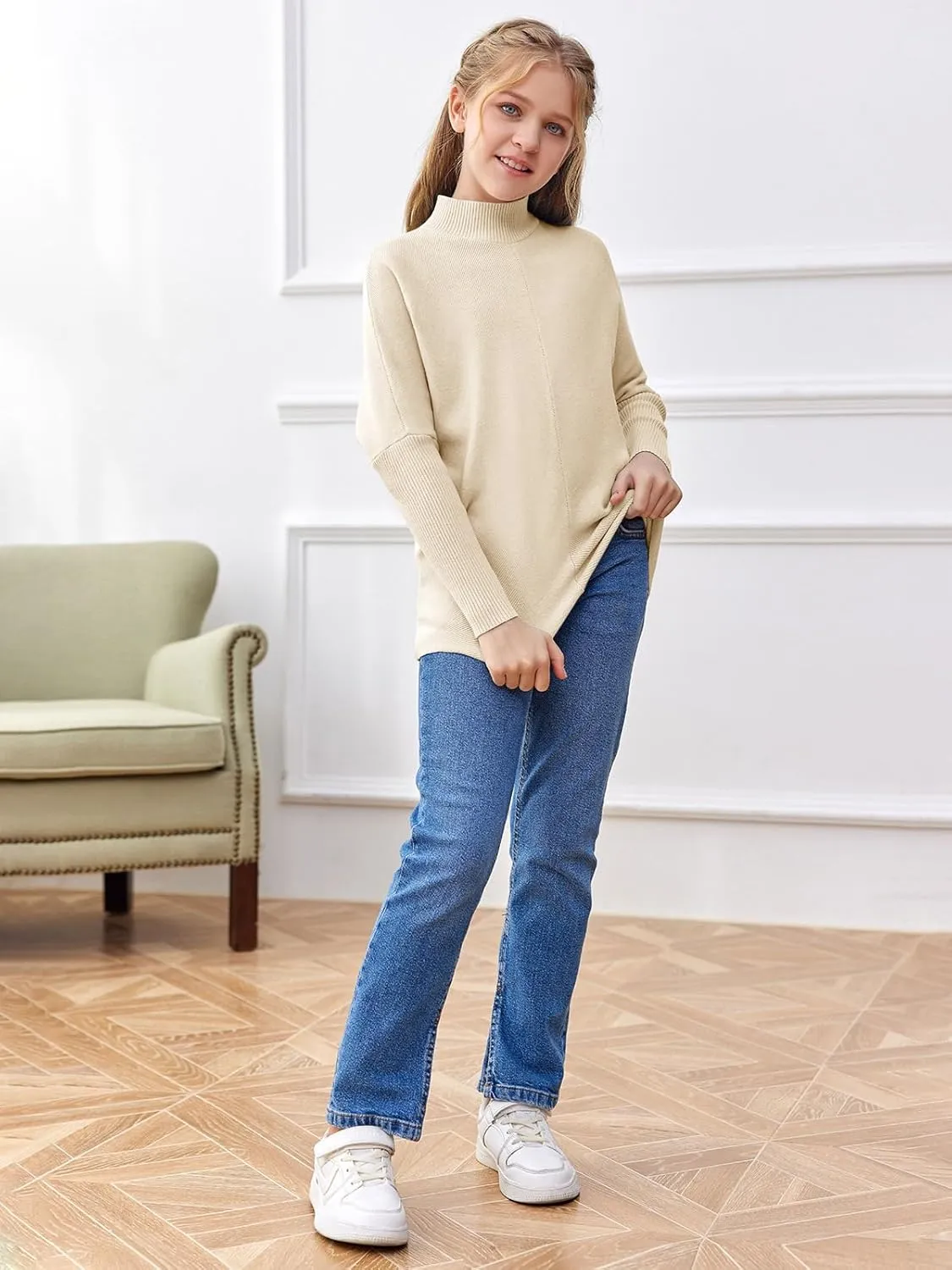 SySea Girls Pullover Sweaters Oversized Long Sleeve Turtleneck Knit Sweater Casual School Tops for 5-14 Years