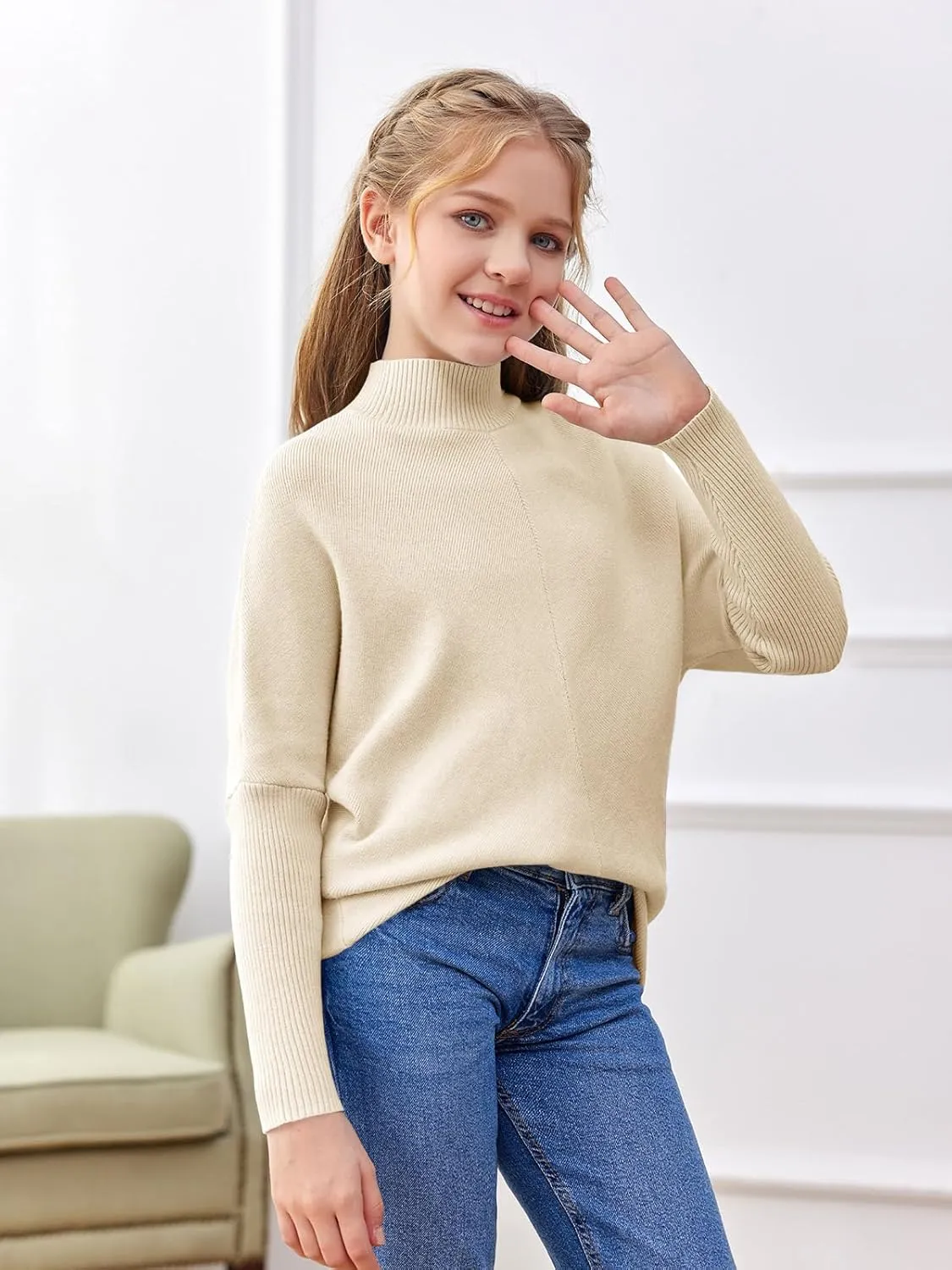 SySea Girls Pullover Sweaters Oversized Long Sleeve Turtleneck Knit Sweater Casual School Tops for 5-14 Years