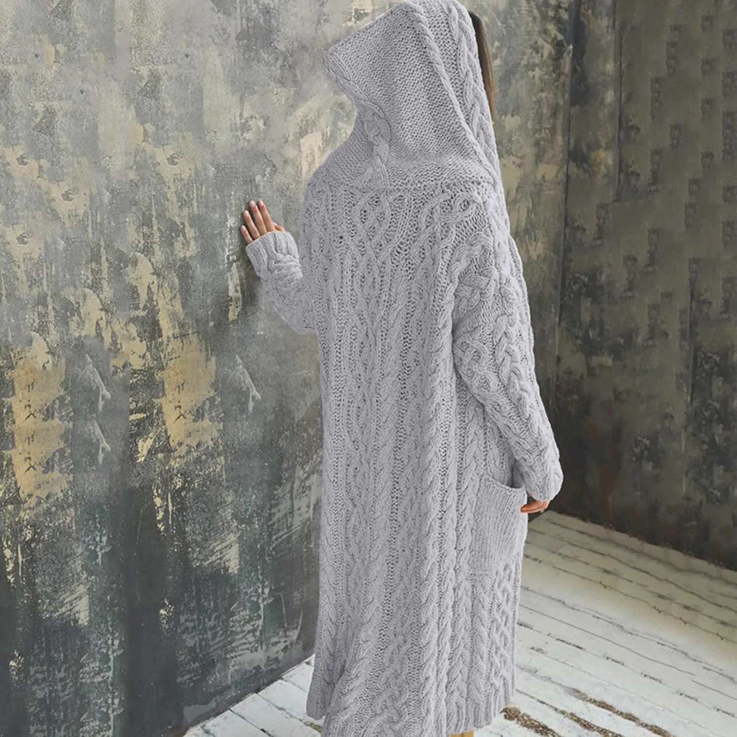 Tan Open Sweater Knitted Women Pocket Hooded Sweater Solid Solid Cardigan Coat Loose Long Big Soft Sweaters for