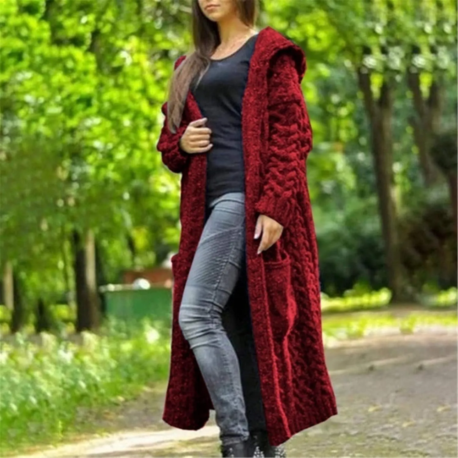 Tan Open Sweater Knitted Women Pocket Hooded Sweater Solid Solid Cardigan Coat Loose Long Big Soft Sweaters for
