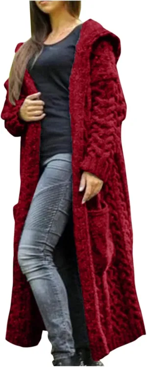 Tan Open Sweater Knitted Women Pocket Hooded Sweater Solid Solid Cardigan Coat Loose Long Big Soft Sweaters for