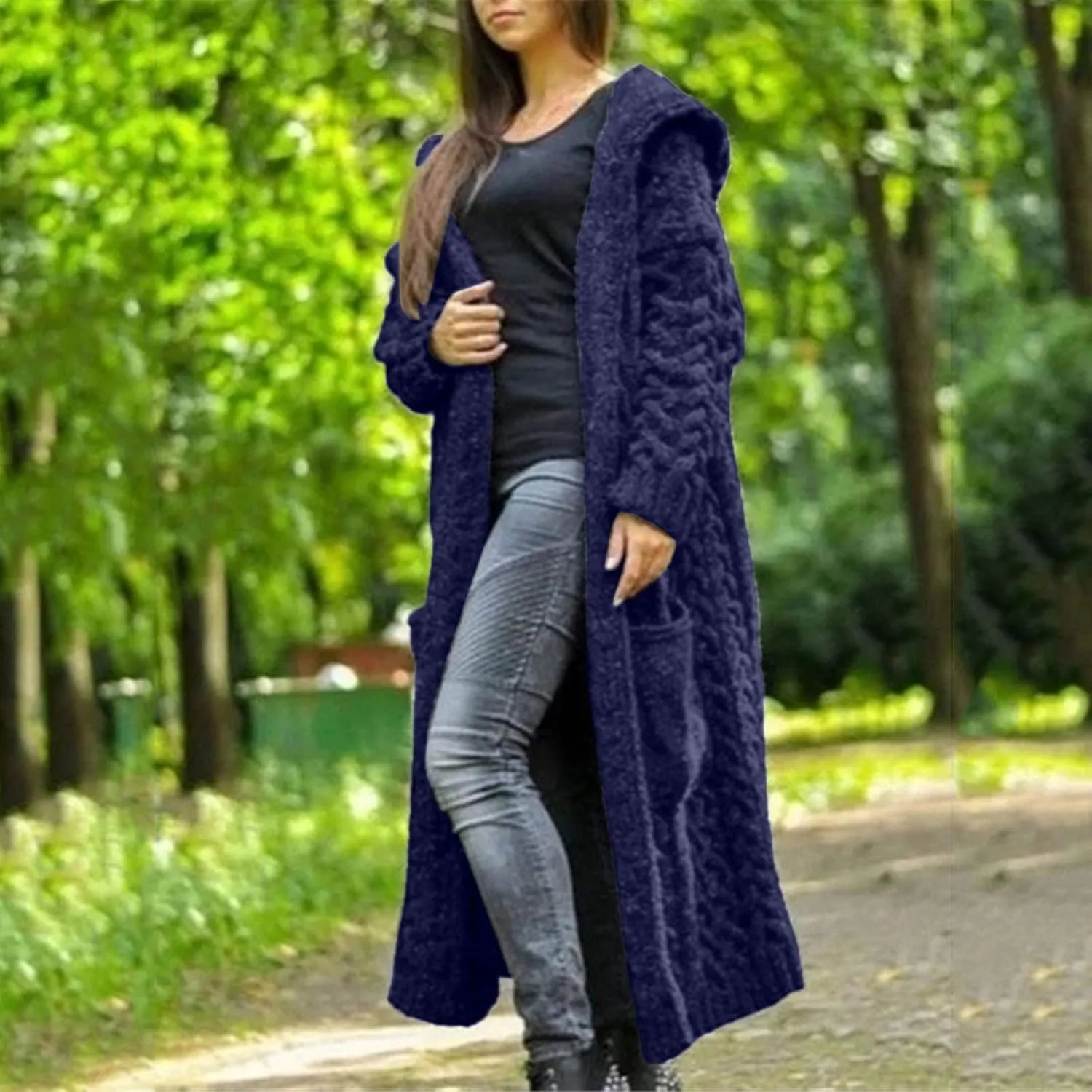 Tan Open Sweater Knitted Women Pocket Hooded Sweater Solid Solid Cardigan Coat Loose Long Big Soft Sweaters for