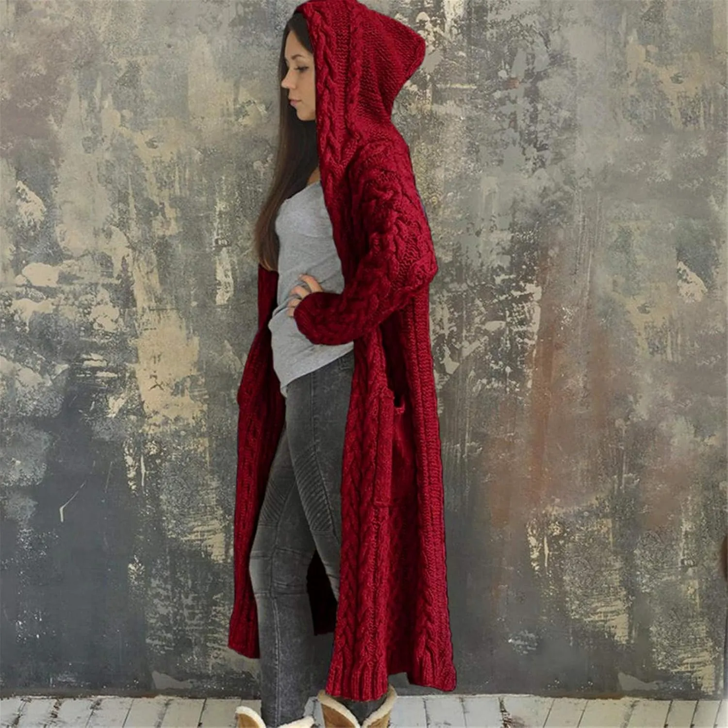 Tan Open Sweater Knitted Women Pocket Hooded Sweater Solid Solid Cardigan Coat Loose Long Big Soft Sweaters for