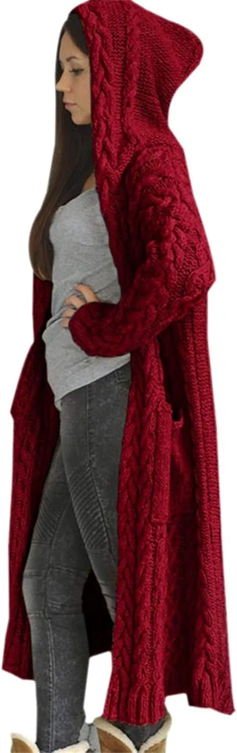 Tan Open Sweater Knitted Women Pocket Hooded Sweater Solid Solid Cardigan Coat Loose Long Big Soft Sweaters for