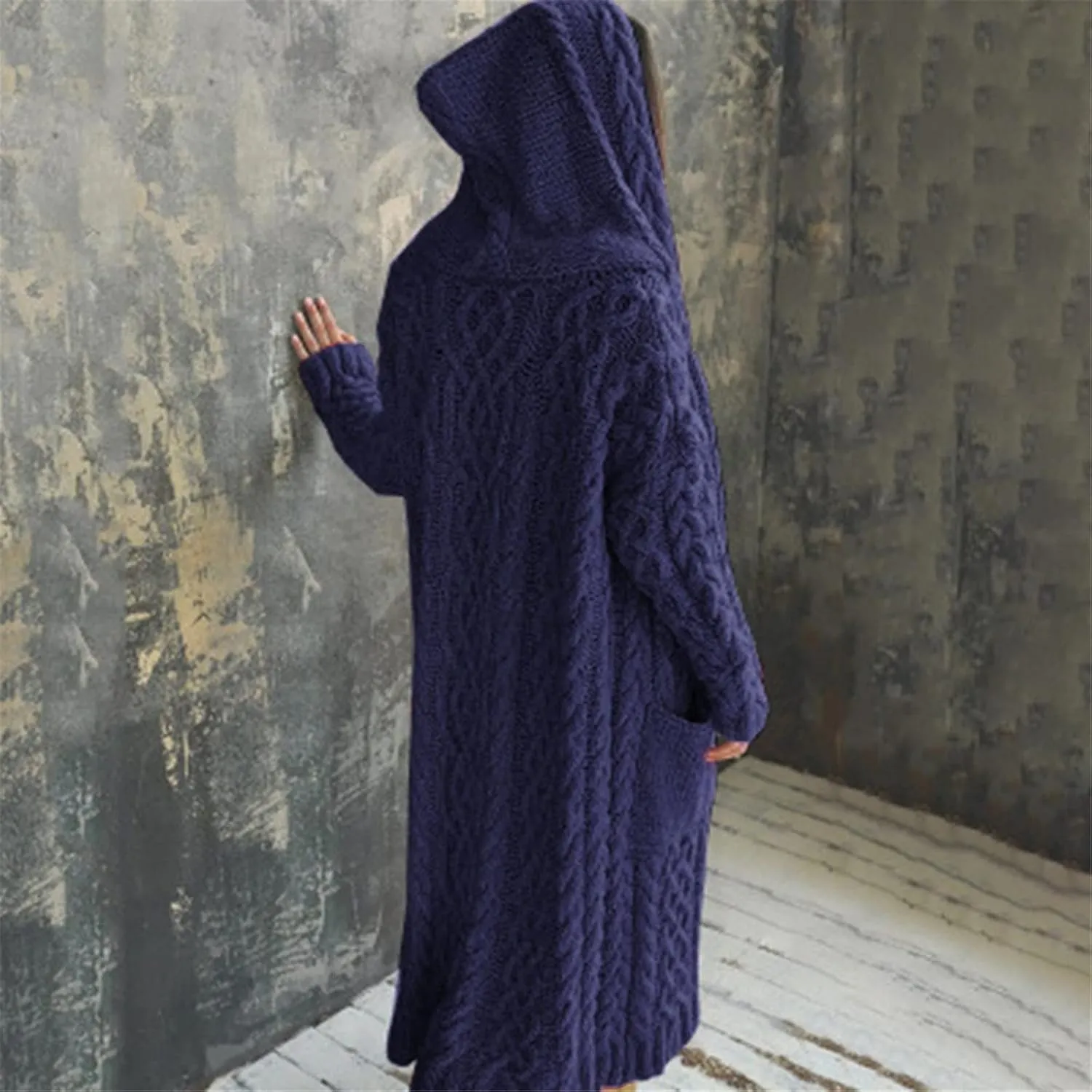 Tan Open Sweater Knitted Women Pocket Hooded Sweater Solid Solid Cardigan Coat Loose Long Big Soft Sweaters for