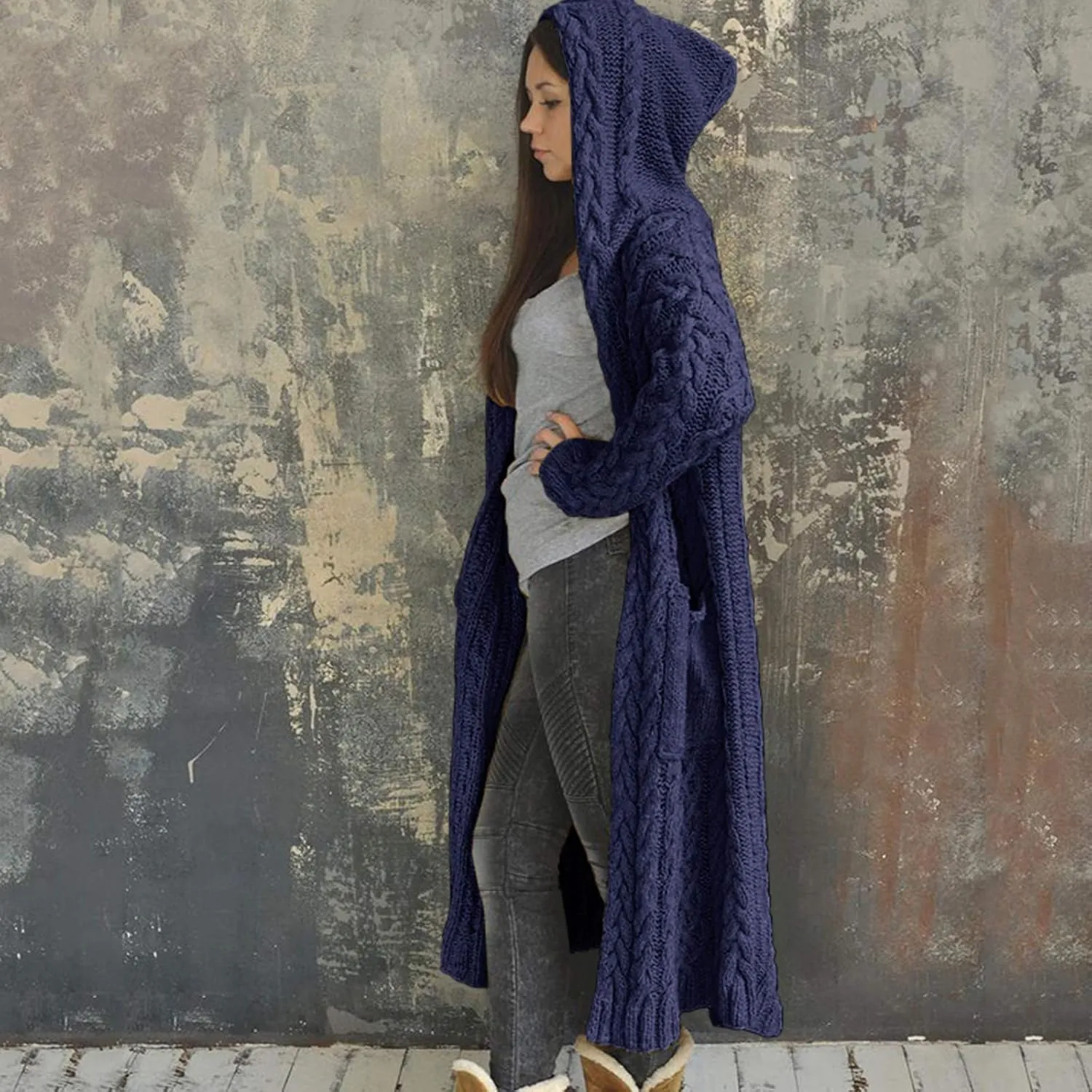 Tan Open Sweater Knitted Women Pocket Hooded Sweater Solid Solid Cardigan Coat Loose Long Big Soft Sweaters for