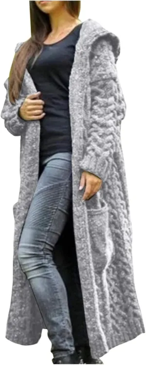 Tan Open Sweater Knitted Women Pocket Hooded Sweater Solid Solid Cardigan Coat Loose Long Big Soft Sweaters for
