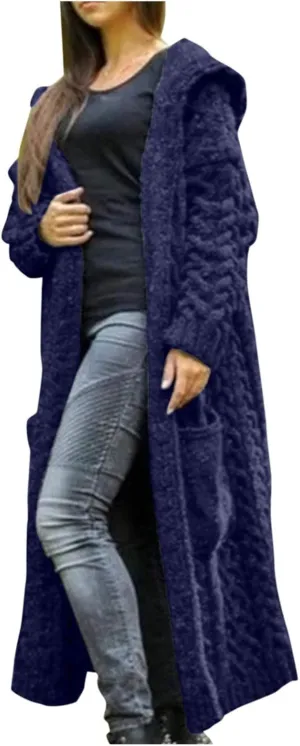Tan Open Sweater Knitted Women Pocket Hooded Sweater Solid Solid Cardigan Coat Loose Long Big Soft Sweaters for