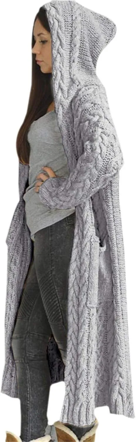 Tan Open Sweater Knitted Women Pocket Hooded Sweater Solid Solid Cardigan Coat Loose Long Big Soft Sweaters for