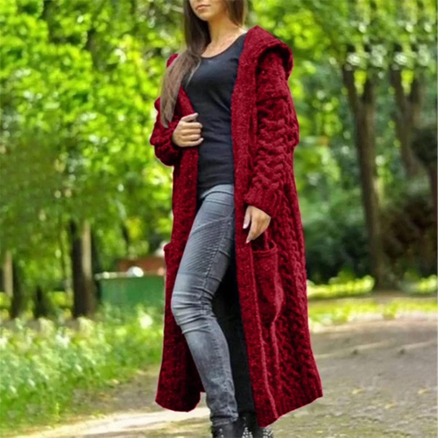 Tan Open Sweater Knitted Women Pocket Hooded Sweater Solid Solid Cardigan Coat Loose Long Big Soft Sweaters for