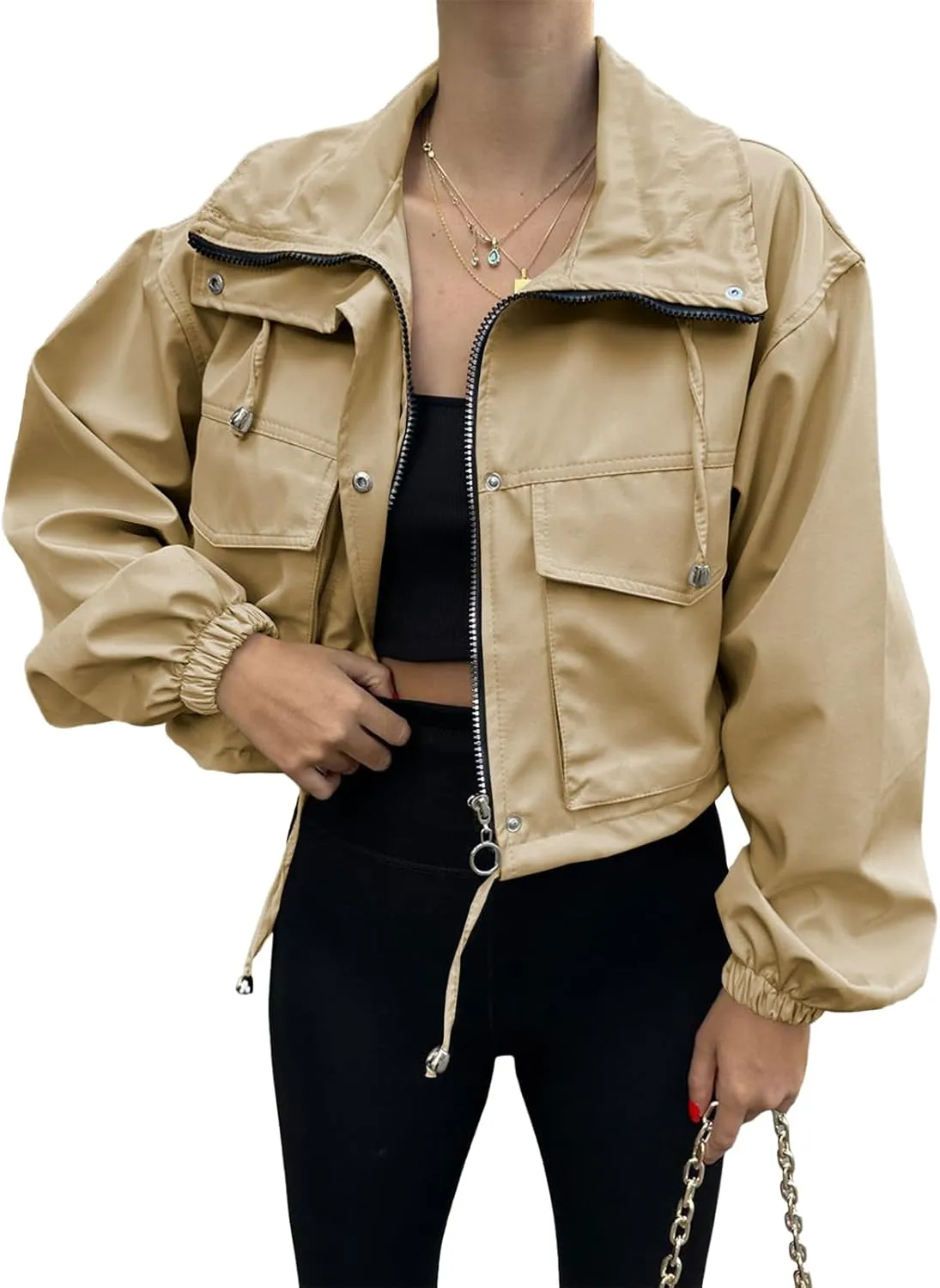 Tankaneo Womens Cropped Jacket Zip Up Lightweight Oversized Utility Anorak Coat with Pockets