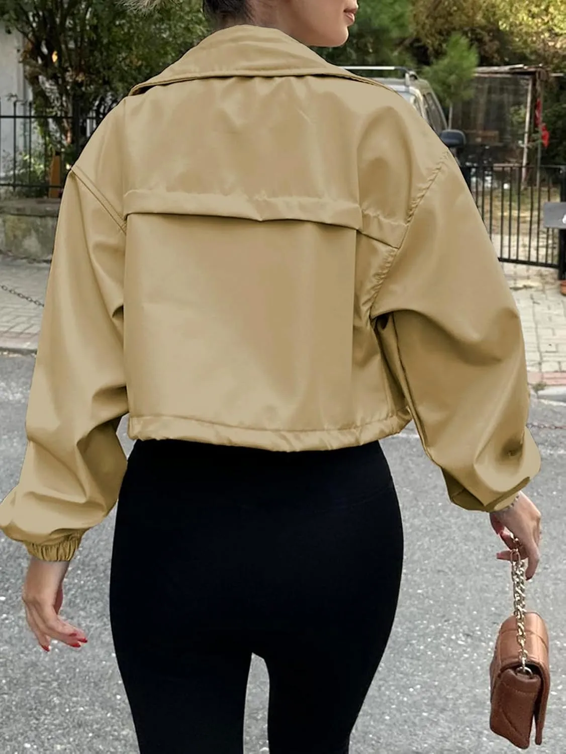 Tankaneo Womens Cropped Jacket Zip Up Lightweight Oversized Utility Anorak Coat with Pockets