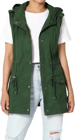 TheMogan Women's Military Drawstring Loose Fit Hoodie Vest Sleeveless Utility Vest