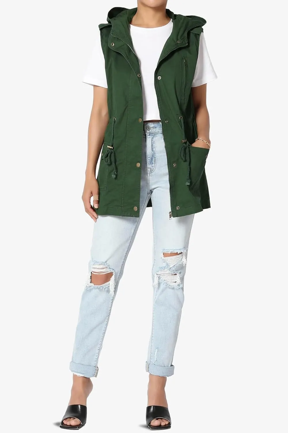 TheMogan Women's Military Drawstring Loose Fit Hoodie Vest Sleeveless Utility Vest
