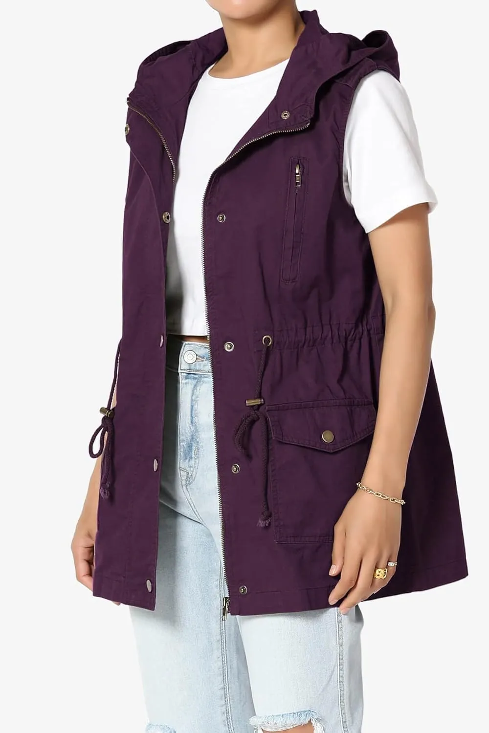 TheMogan Women's Military Drawstring Loose Fit Hoodie Vest Sleeveless Utility Vest