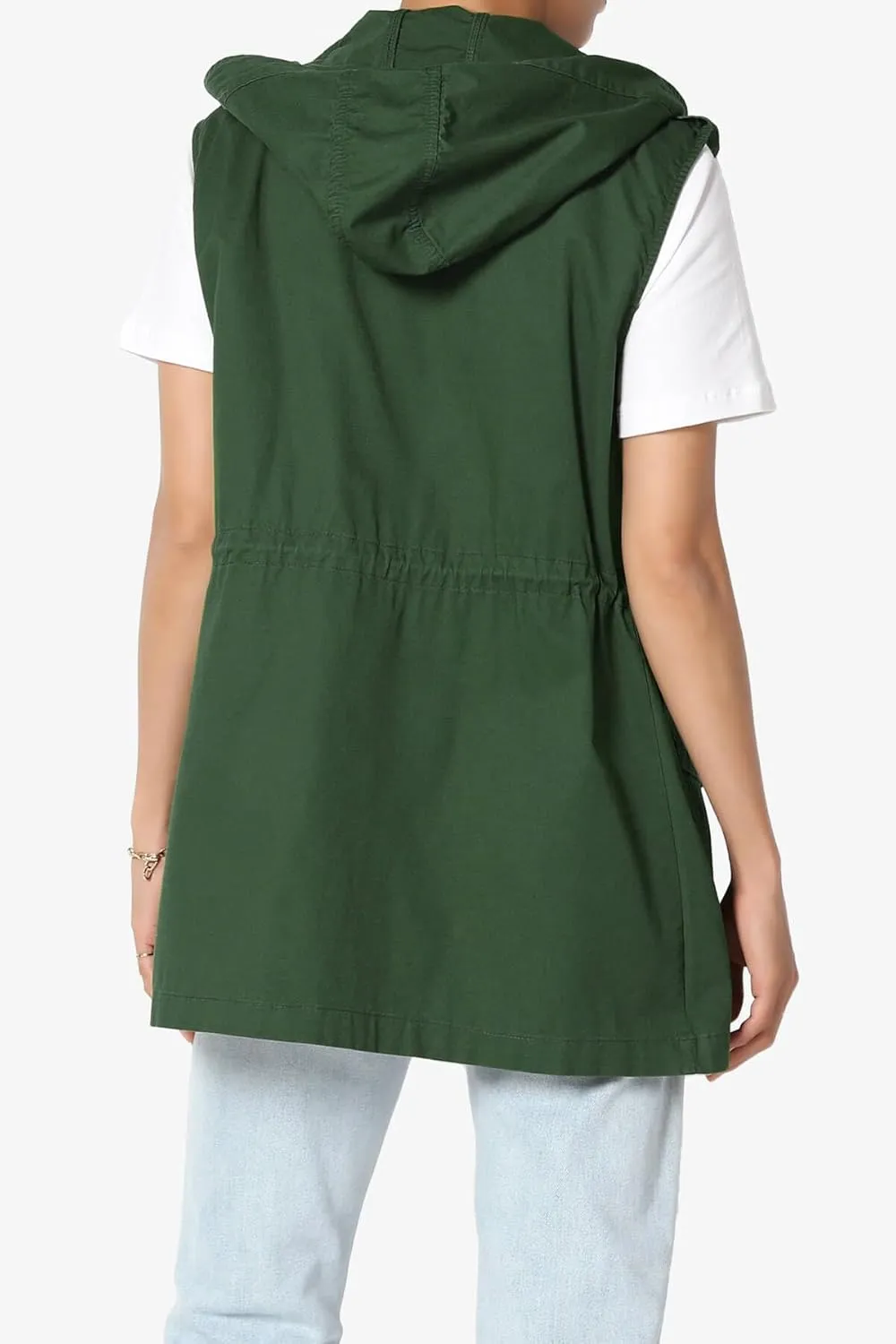 TheMogan Women's Military Drawstring Loose Fit Hoodie Vest Sleeveless Utility Vest