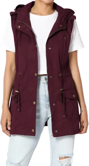 TheMogan Women's Military Drawstring Loose Fit Hoodie Vest Sleeveless Utility Vest