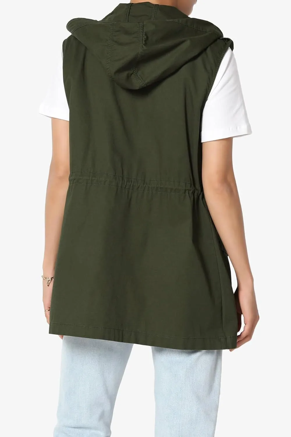 TheMogan Women's Military Drawstring Loose Fit Hoodie Vest Sleeveless Utility Vest