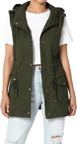 TheMogan Women's Military Drawstring Loose Fit Hoodie Vest Sleeveless Utility Vest
