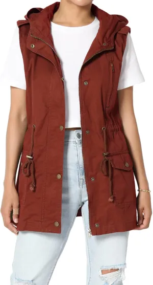 TheMogan Women's Military Drawstring Loose Fit Hoodie Vest Sleeveless Utility Vest