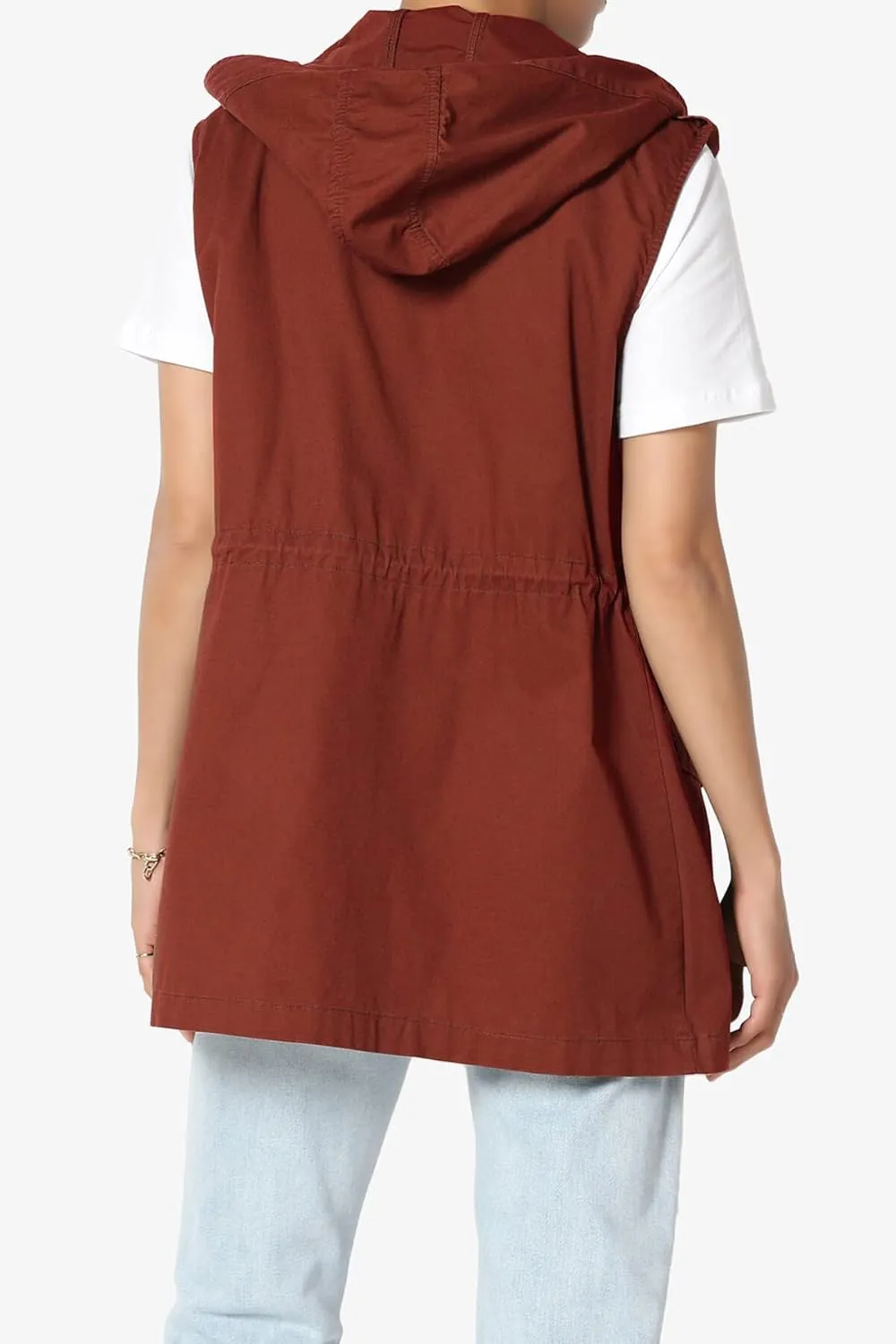 TheMogan Women's Military Drawstring Loose Fit Hoodie Vest Sleeveless Utility Vest