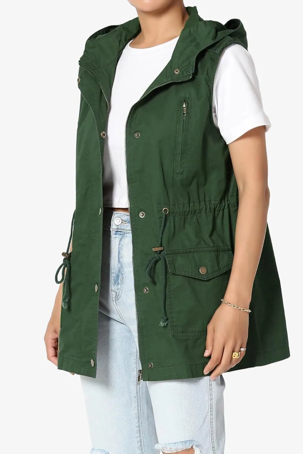 TheMogan Women's Military Drawstring Loose Fit Hoodie Vest Sleeveless Utility Vest