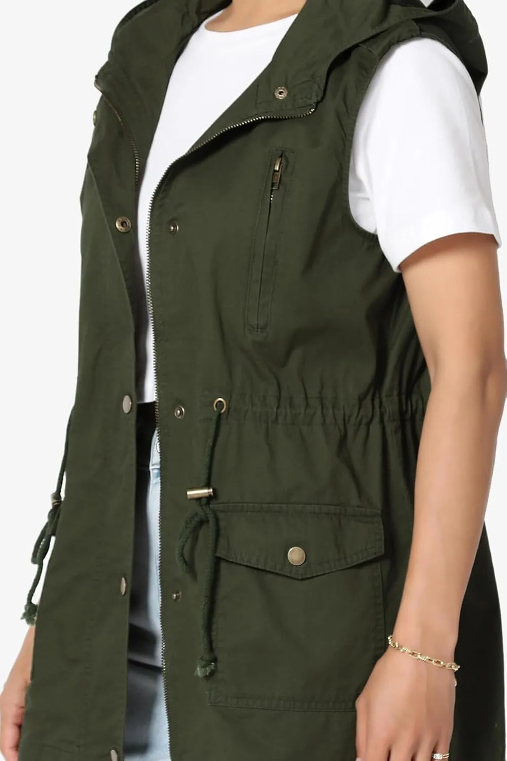 TheMogan Women's Military Drawstring Loose Fit Hoodie Vest Sleeveless Utility Vest