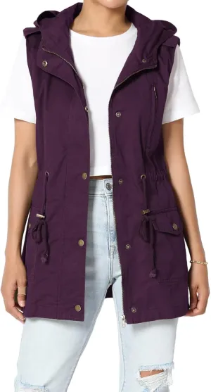 TheMogan Women's Military Drawstring Loose Fit Hoodie Vest Sleeveless Utility Vest
