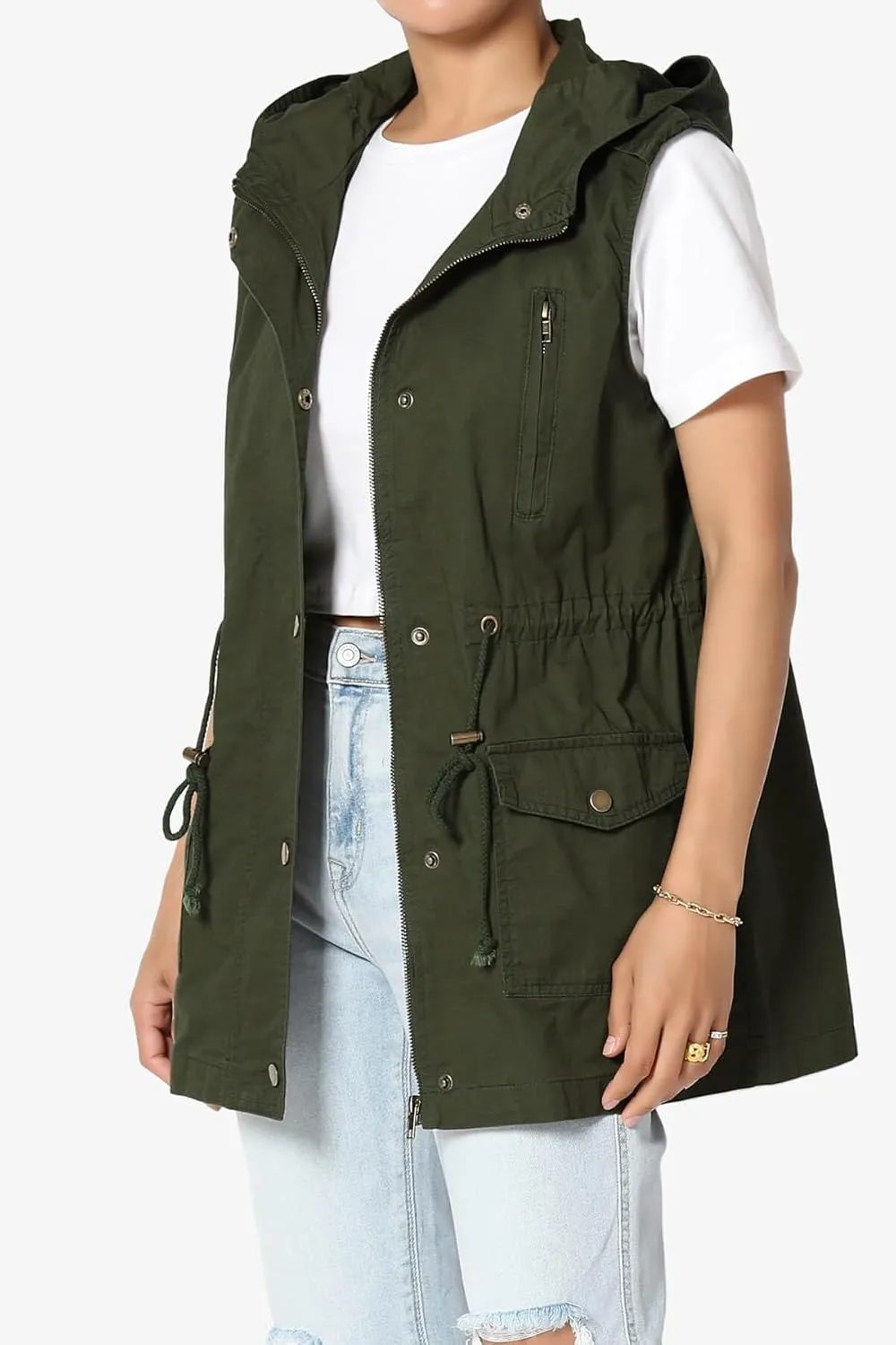 TheMogan Women's Military Drawstring Loose Fit Hoodie Vest Sleeveless Utility Vest