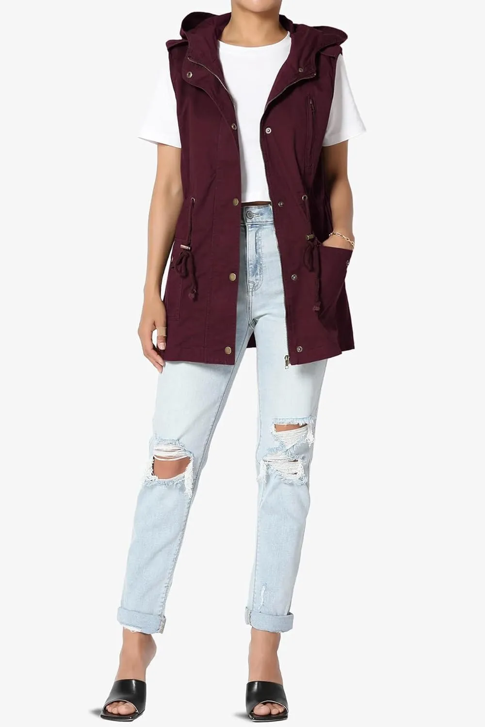 TheMogan Women's Military Drawstring Loose Fit Hoodie Vest Sleeveless Utility Vest