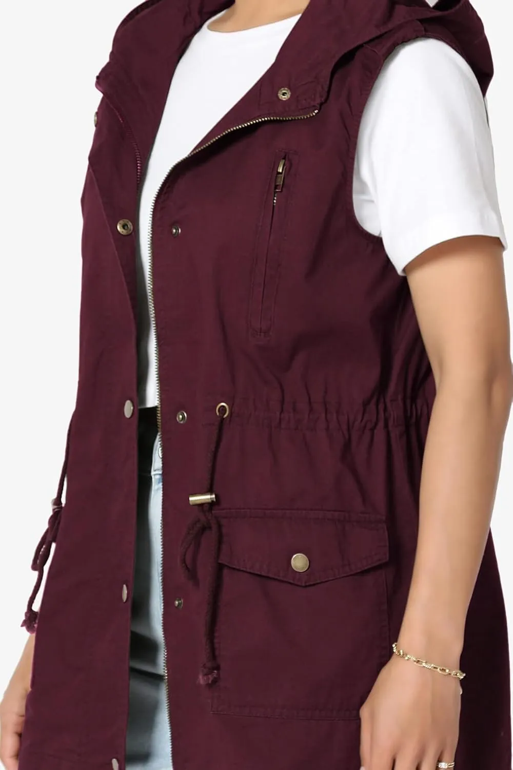TheMogan Women's Military Drawstring Loose Fit Hoodie Vest Sleeveless Utility Vest