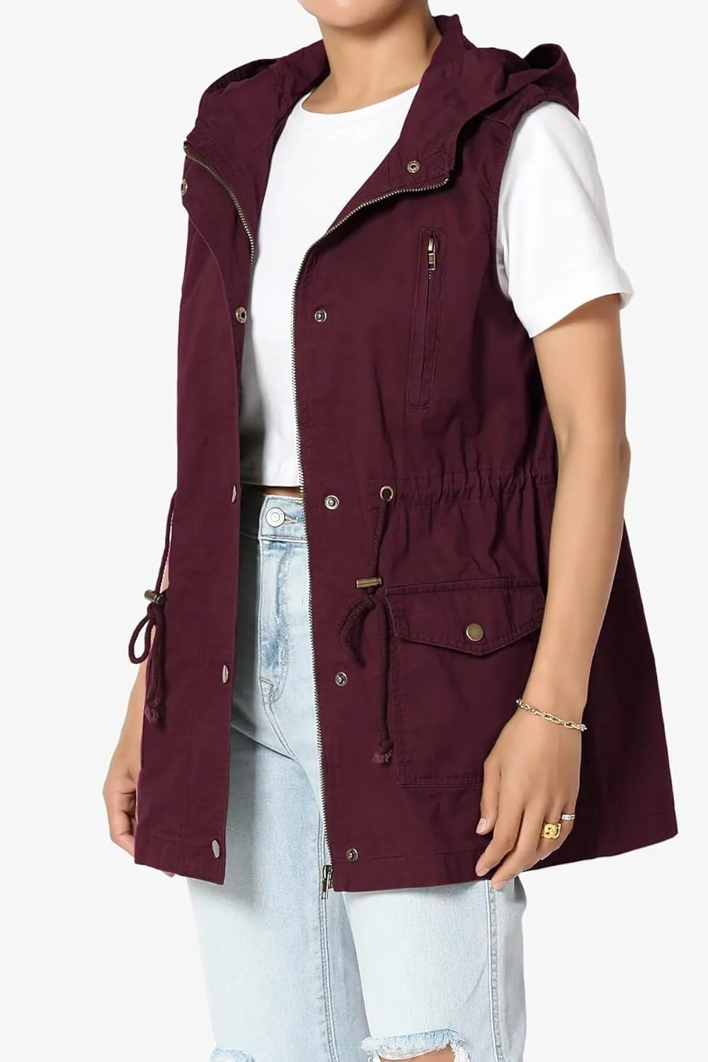 TheMogan Women's Military Drawstring Loose Fit Hoodie Vest Sleeveless Utility Vest