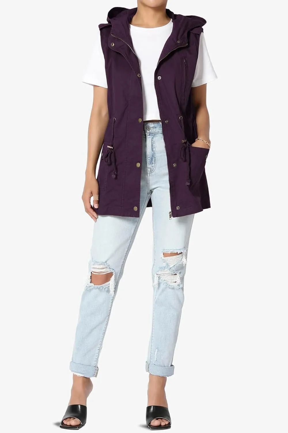 TheMogan Women's Military Drawstring Loose Fit Hoodie Vest Sleeveless Utility Vest