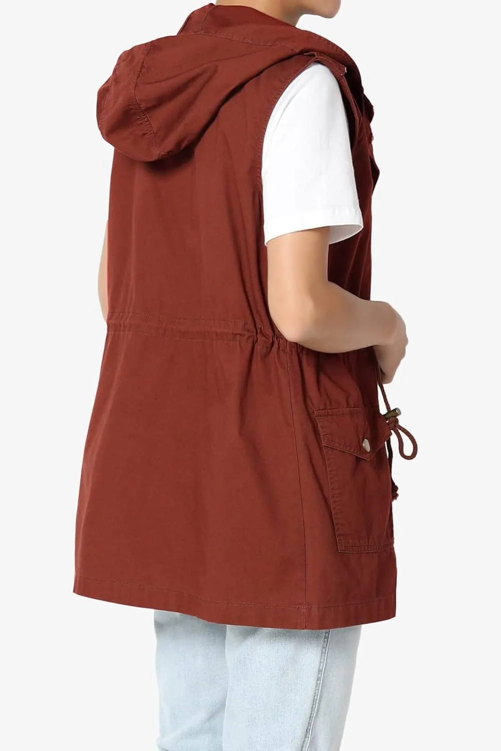 TheMogan Women's Military Drawstring Loose Fit Hoodie Vest Sleeveless Utility Vest