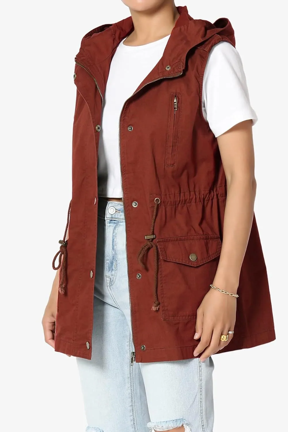 TheMogan Women's Military Drawstring Loose Fit Hoodie Vest Sleeveless Utility Vest