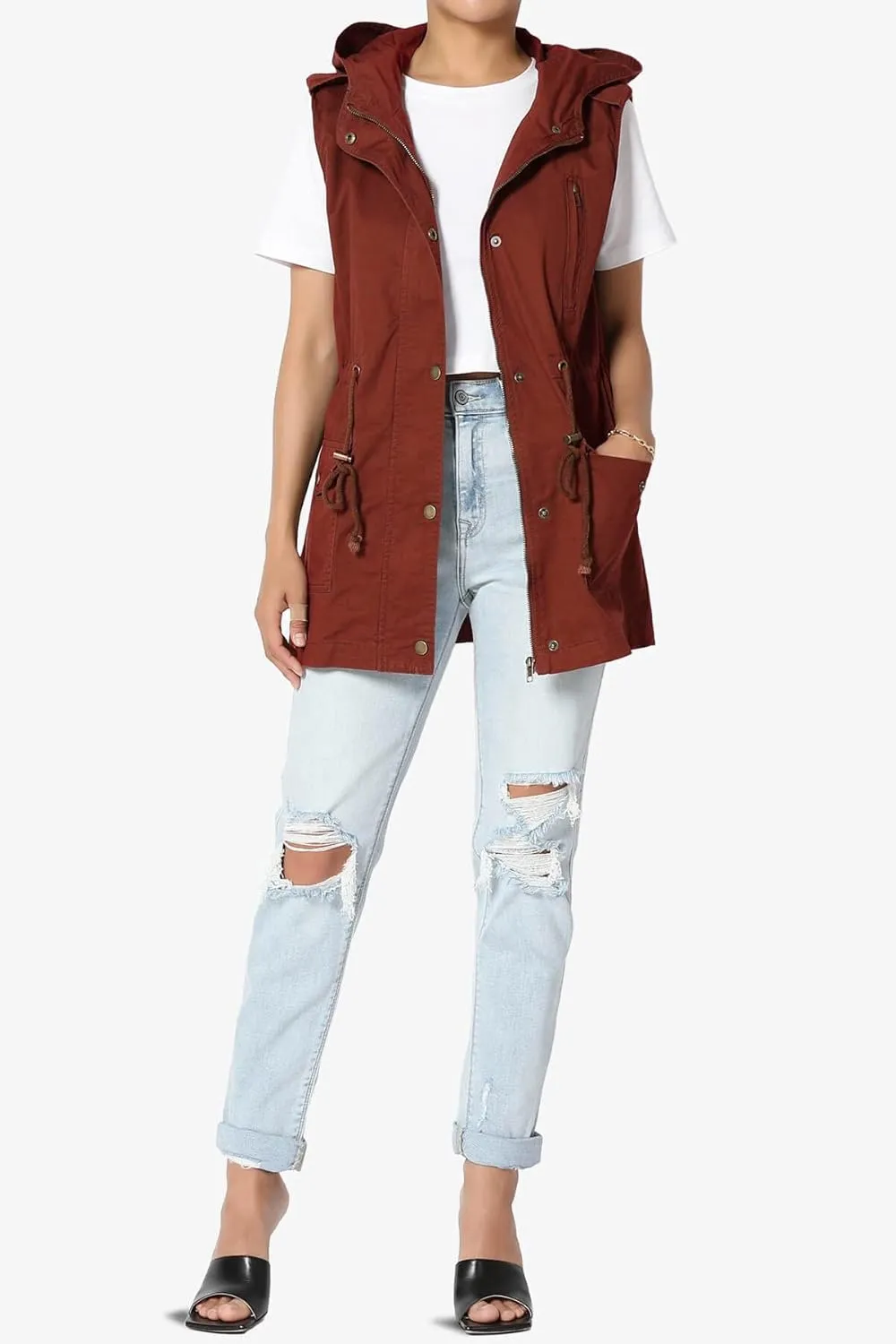 TheMogan Women's Military Drawstring Loose Fit Hoodie Vest Sleeveless Utility Vest