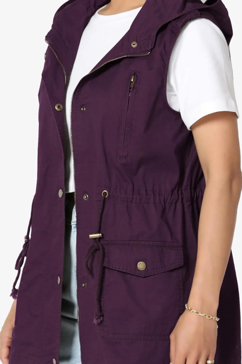 TheMogan Women's Military Drawstring Loose Fit Hoodie Vest Sleeveless Utility Vest