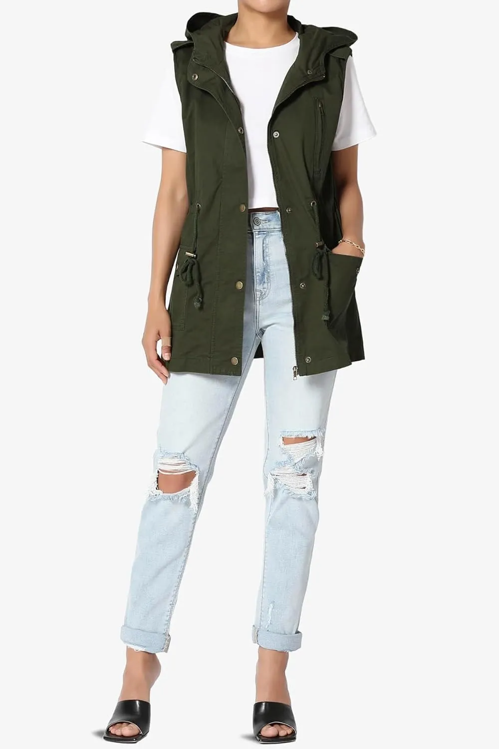 TheMogan Women's Military Drawstring Loose Fit Hoodie Vest Sleeveless Utility Vest