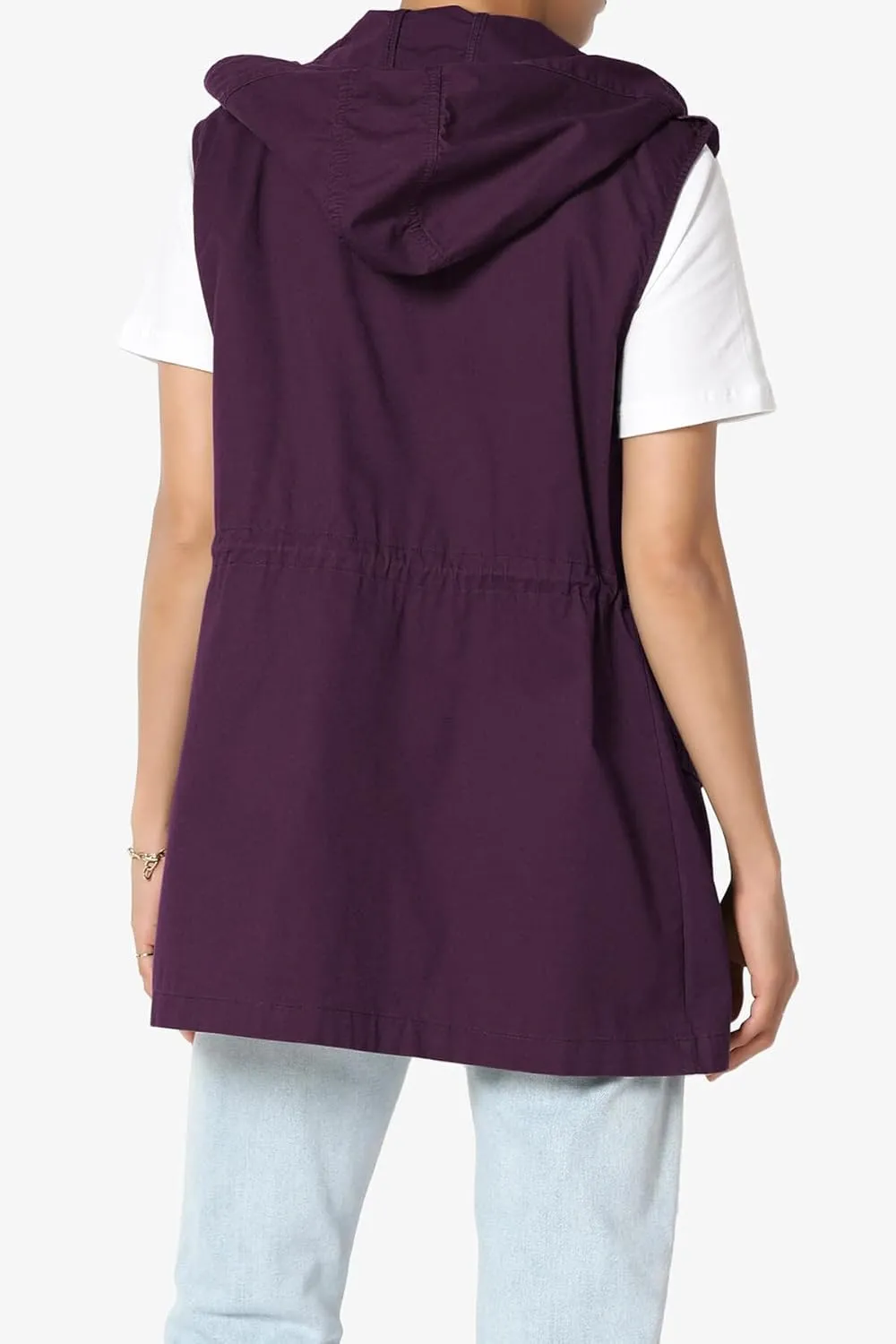 TheMogan Women's Military Drawstring Loose Fit Hoodie Vest Sleeveless Utility Vest