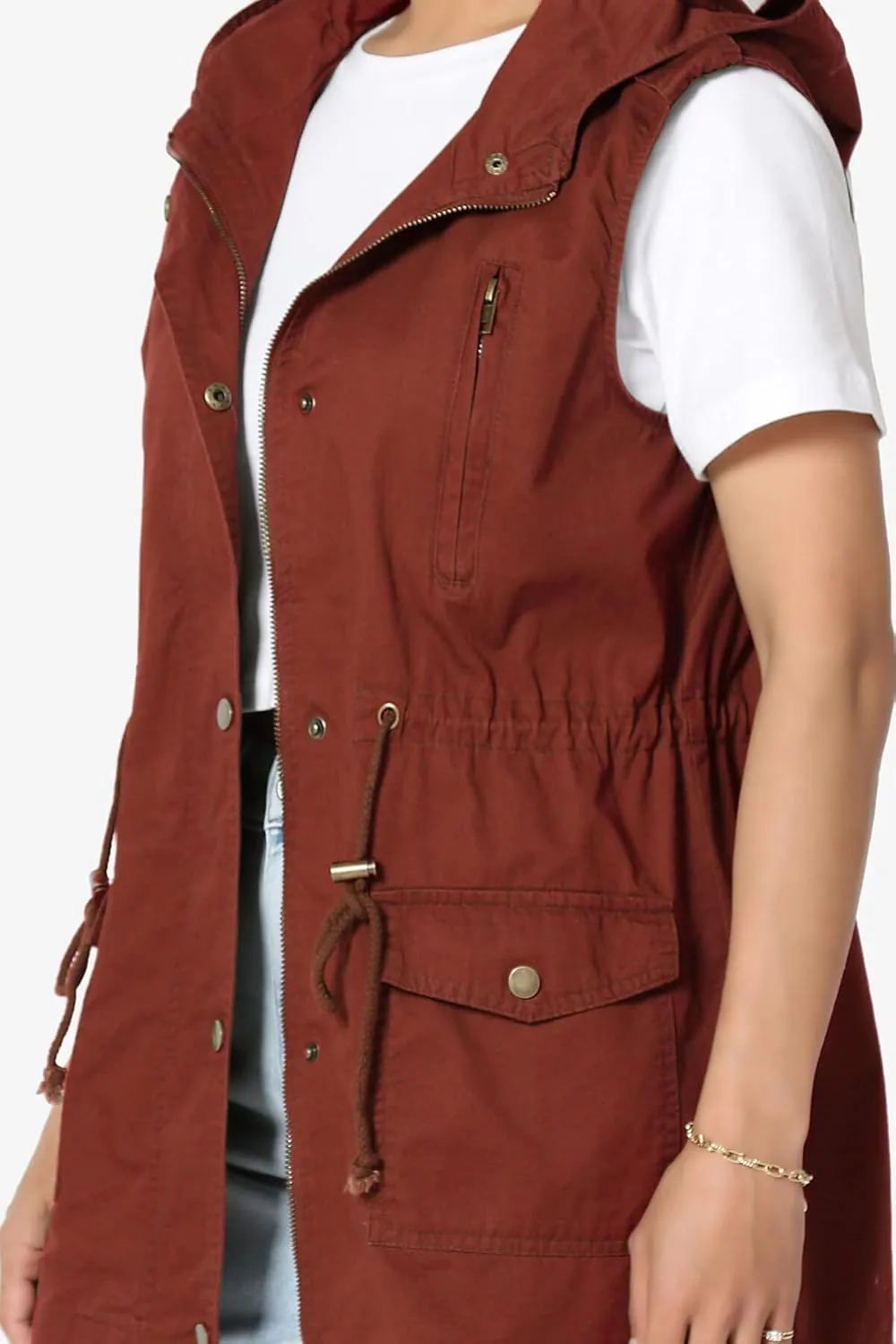 TheMogan Women's Military Drawstring Loose Fit Hoodie Vest Sleeveless Utility Vest
