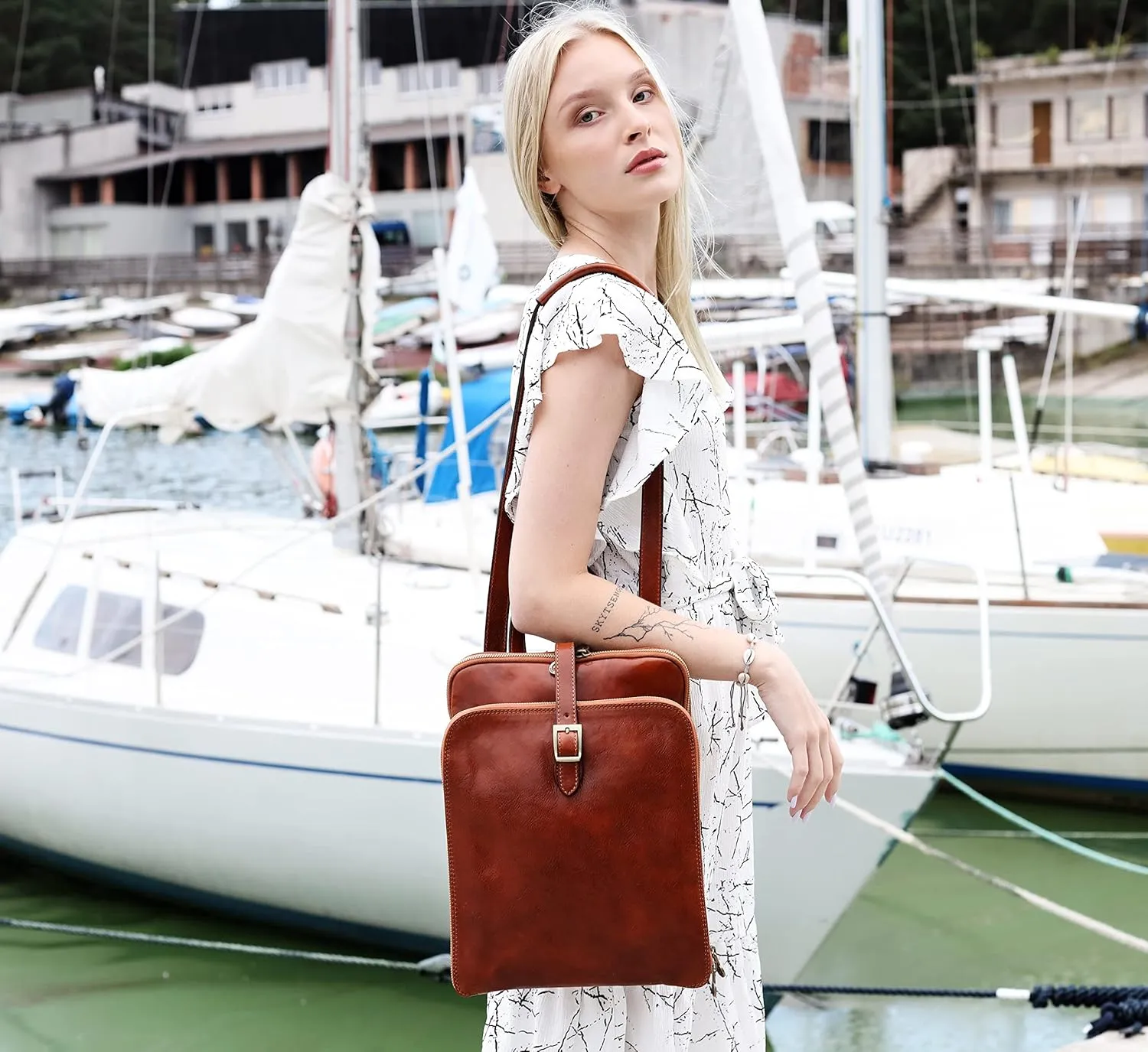 Time Resistance Leather Backpack Convertible to Shoulder Bag - Handmade For Laptops up to 12 Inches Daybag Rucksack