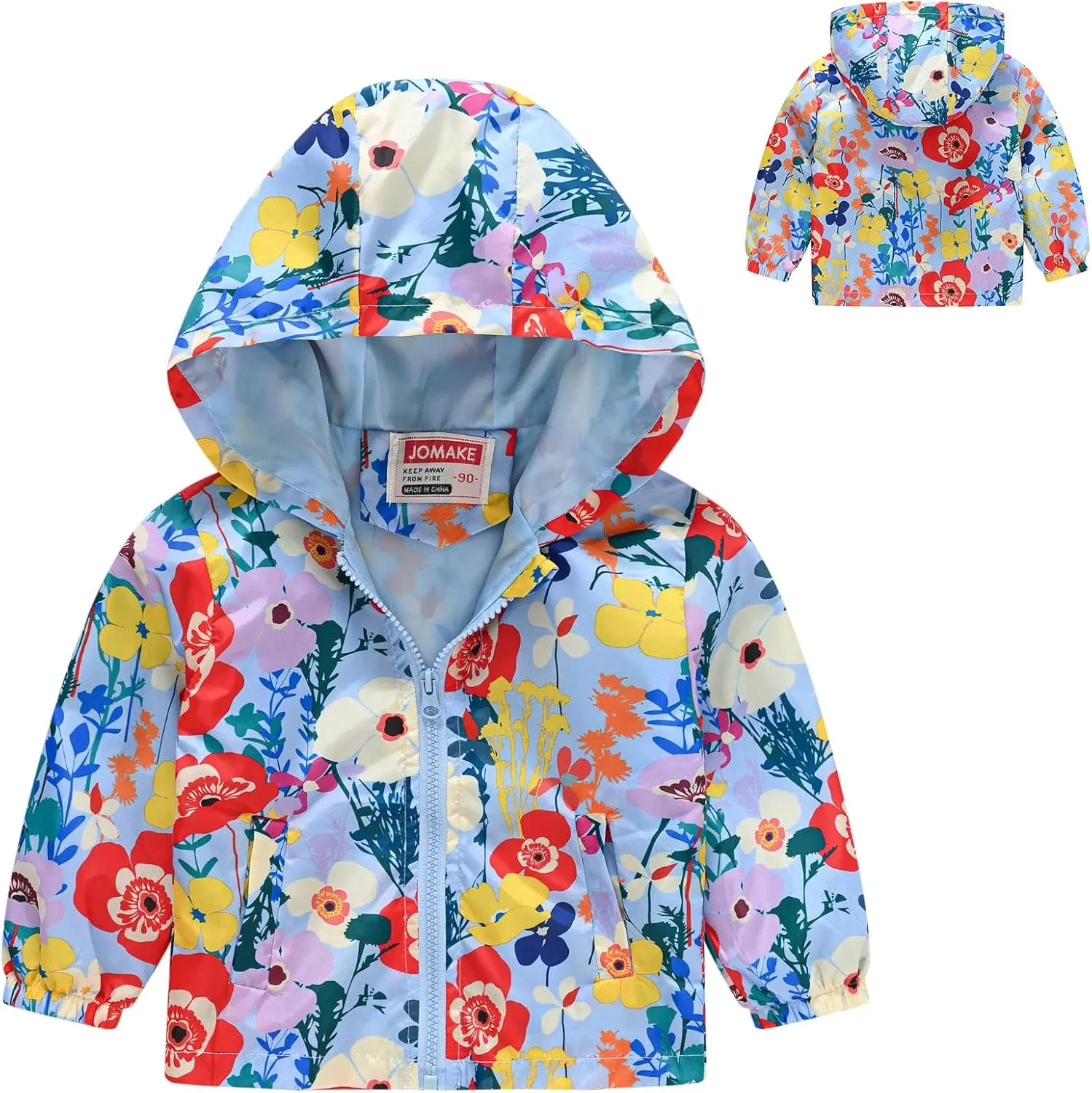 Toddler Girls Boys Flower Print Zip Hooded Jacket Kids Trench Rain Jacket Outerwear Lightweight Windbreaker Coat
