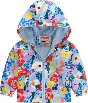 Toddler Girls Boys Flower Print Zip Hooded Jacket Kids Trench Rain Jacket Outerwear Lightweight Windbreaker Coat