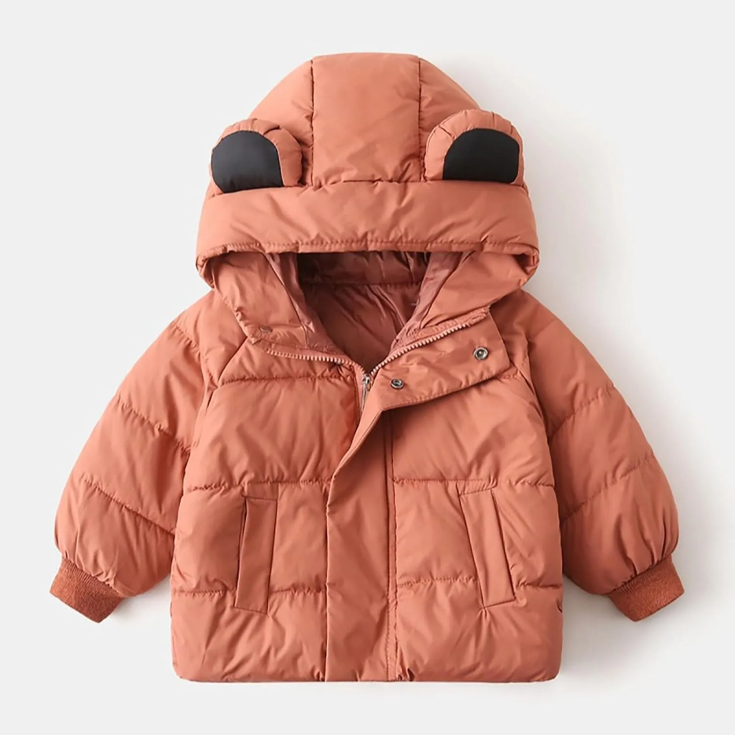 Toddler Girls Boys Winter Solid Color Hooded Thickened Coat Warm Zipper Padded Cotton Jacket Outerwear with Pocket